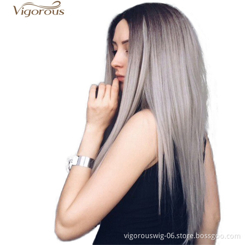 Vigorous Ombre Gray Long Silky Straight Middle Part Wigs Middle Part Synthetic Wig Heat Resistant Fiber Wig For Women